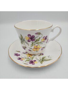Duchess Teacup & Saucer Purple Yellow Flowers Gold Gild Bone China England